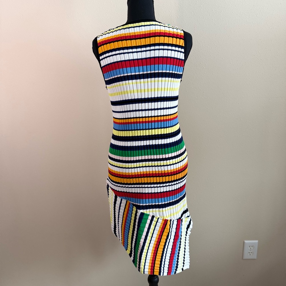Milly Striped Knit Dress Asymmetrical Hem V Neck Multicolor Size L - Picture 3 of 13